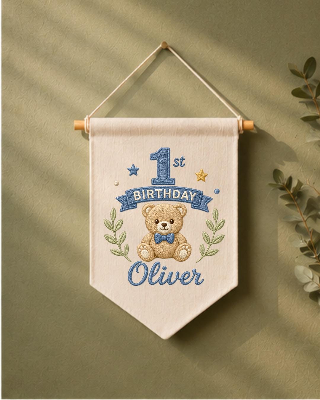 Personalized First Birthday Wall Hanging, Custom Name Embroidered Teddy Bear Banner, Baby Boy 1st Birthday Decor, Birthday Keepsake Gift