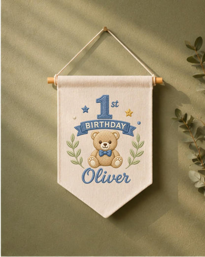Personalized First Birthday Wall Hanging, Custom Name Embroidered Teddy Bear Banner, Baby Boy 1st Birthday Decor, Birthday Keepsake Gift