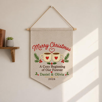Personalized First Christmas Together Canvas Pennant Banner, Custom Name Embroidered Cozy Beginning Our Forever Couple Wall Sign