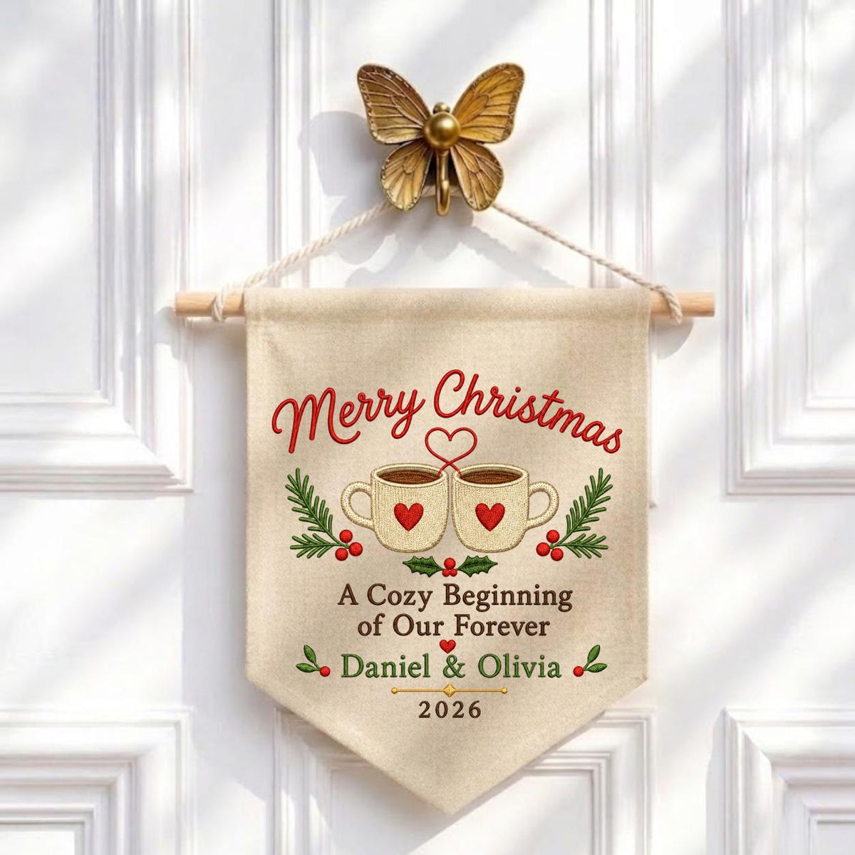 Personalized First Christmas Together Canvas Pennant Banner, Custom Name Embroidered Cozy Beginning Our Forever Couple Wall Sign