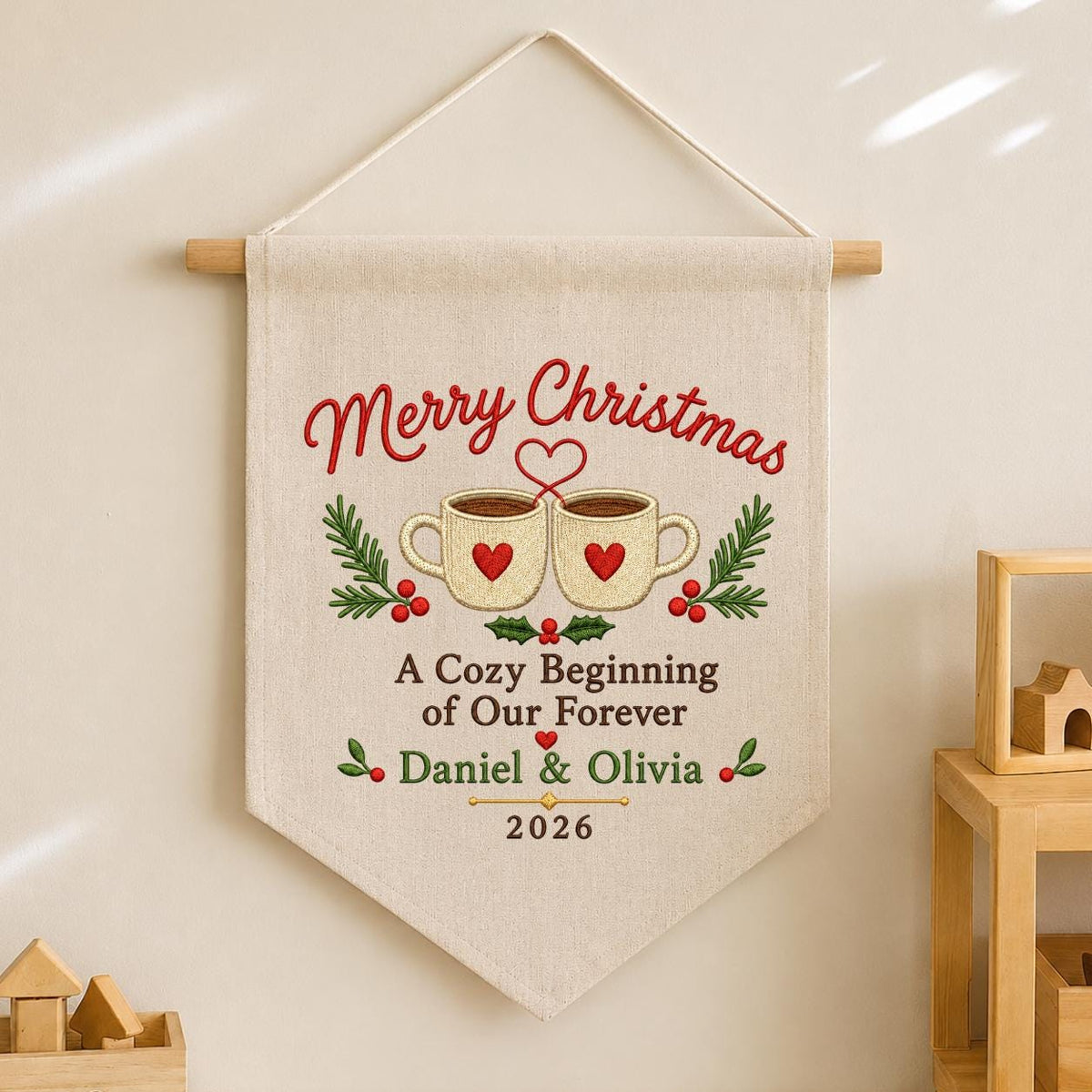 Personalized First Christmas Together Canvas Pennant Banner, Custom Name Embroidered Cozy Beginning Our Forever Couple Wall Sign