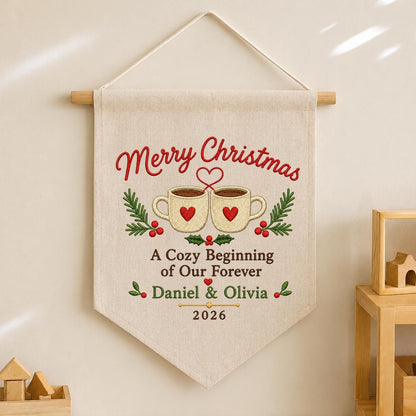 Personalized First Christmas Together Canvas Pennant Banner, Custom Name Embroidered Cozy Beginning Our Forever Couple Wall Sign