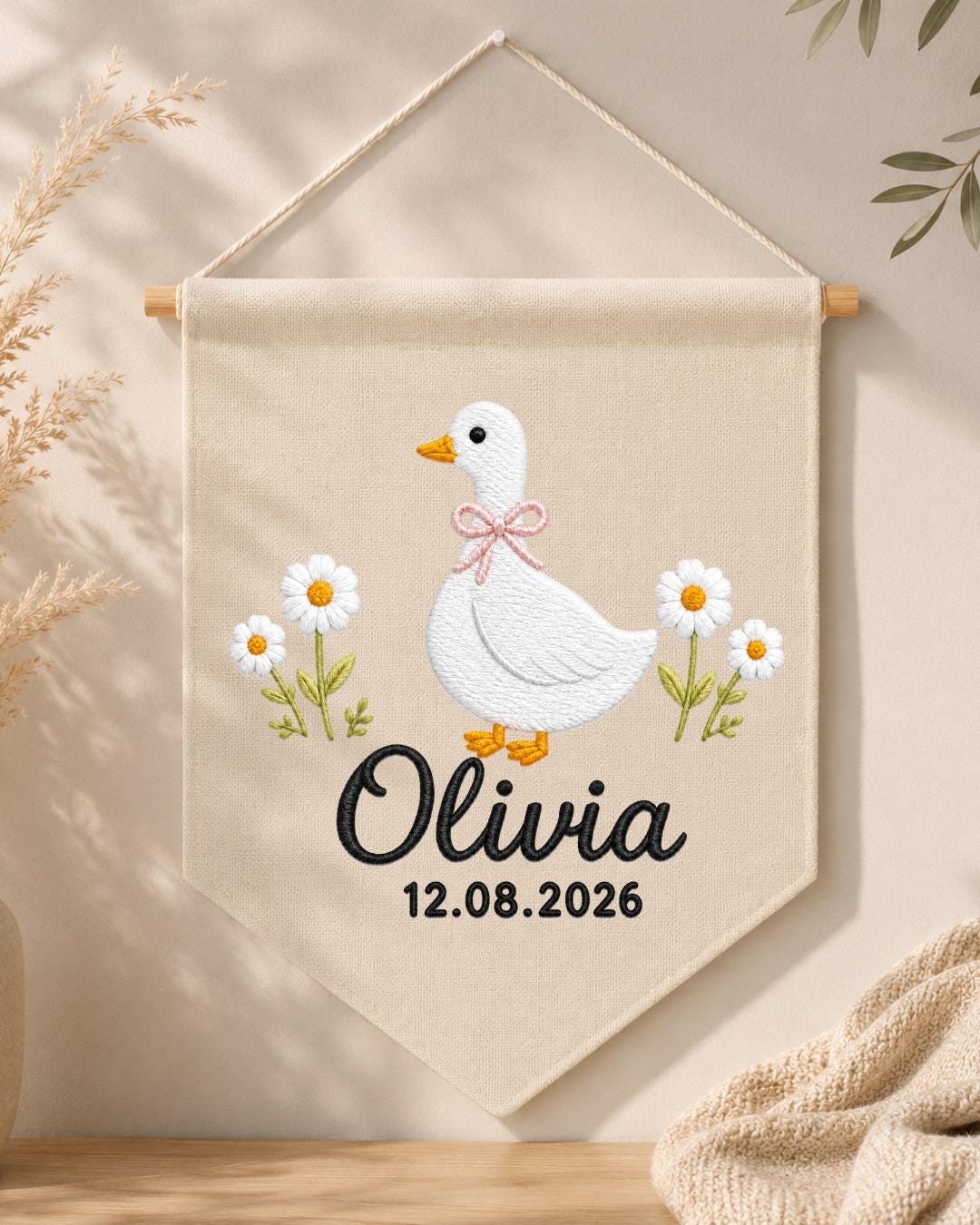 Personalized Goose Nursery Wall Hanging, Custom Name and Date Embroidered Banner, Daisy Baby Girl Room Decor, Baby Shower Keepsake Gift