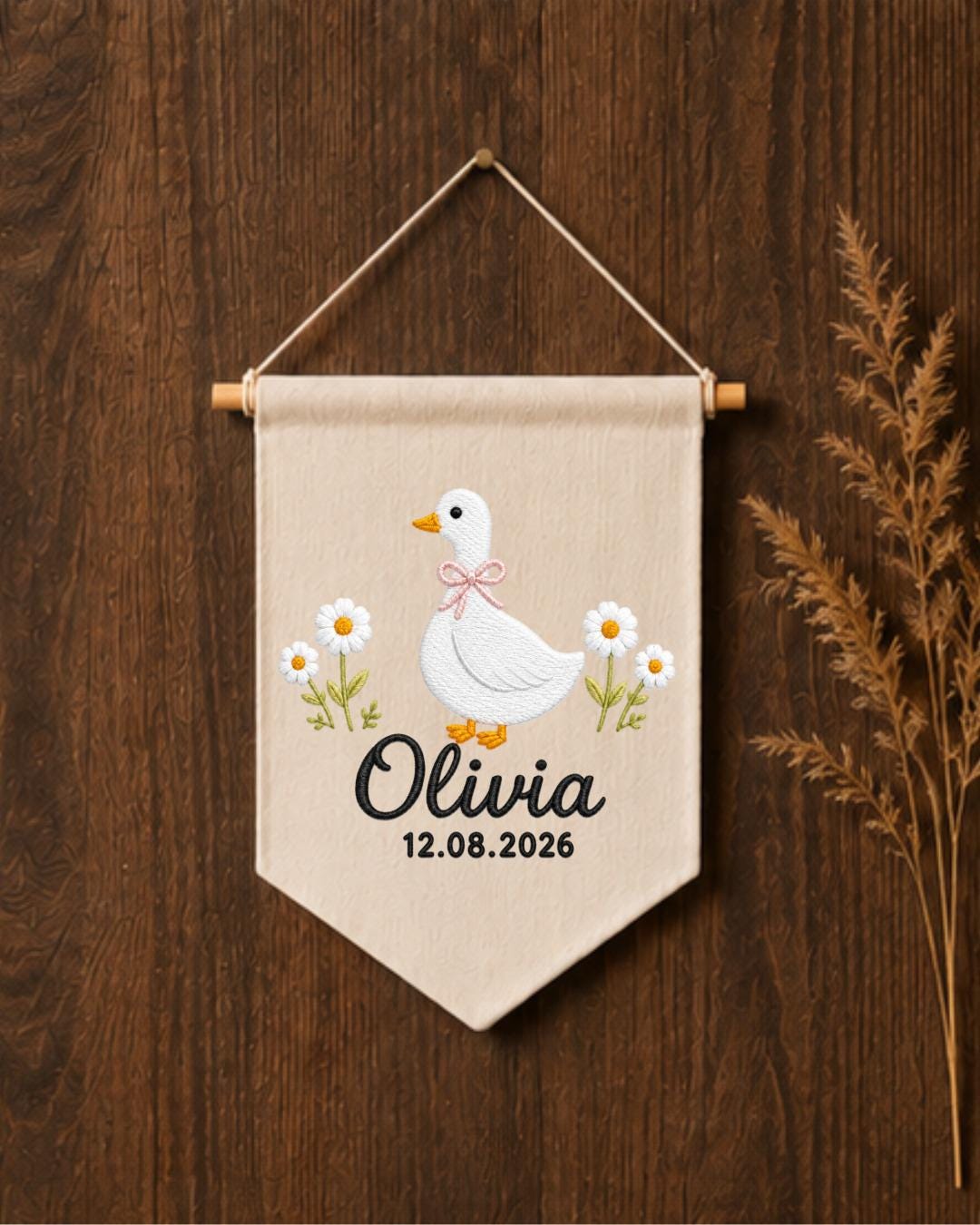 Personalized Goose Nursery Wall Hanging, Custom Name and Date Embroidered Banner, Daisy Baby Girl Room Decor, Baby Shower Keepsake Gift