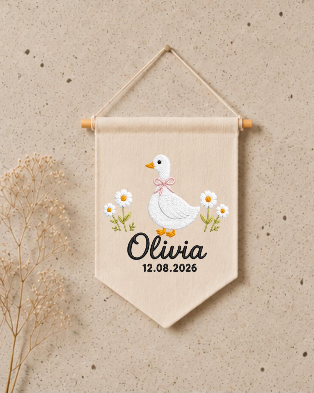 Personalized Goose Nursery Wall Hanging, Custom Name and Date Embroidered Banner, Daisy Baby Girl Room Decor, Baby Shower Keepsake Gift