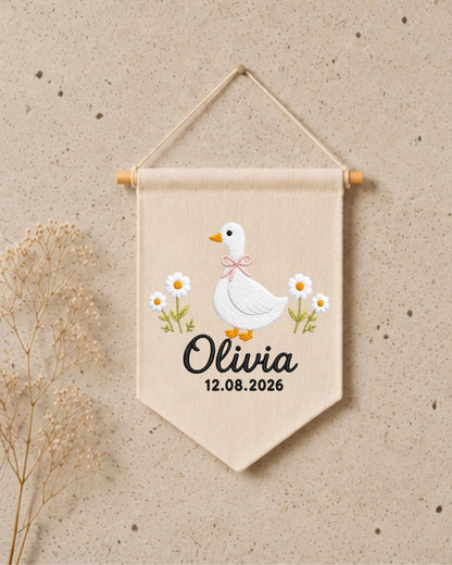 Personalized Goose Nursery Wall Hanging, Custom Name and Date Embroidered Banner, Daisy Baby Girl Room Decor, Baby Shower Keepsake Gift