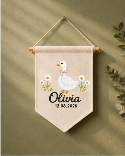 Personalized Goose Nursery Wall Hanging, Custom Name and Date Embroidered Banner, Daisy Baby Girl Room Decor, Baby Shower Keepsake Gift