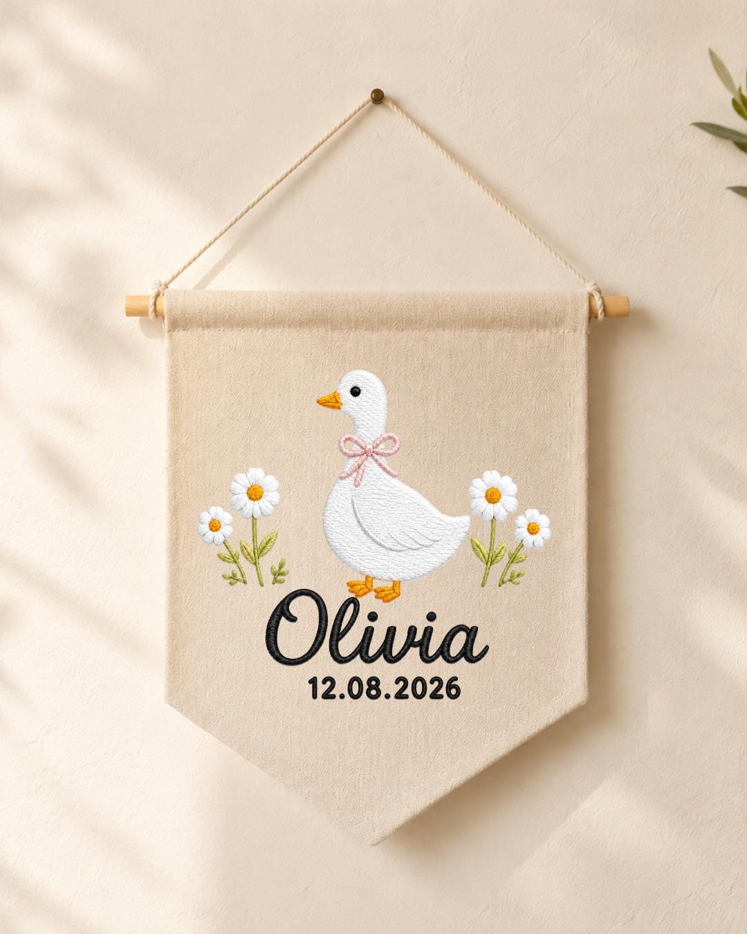 Personalized Goose Nursery Wall Hanging, Custom Name and Date Embroidered Banner, Daisy Baby Girl Room Decor, Baby Shower Keepsake Gift