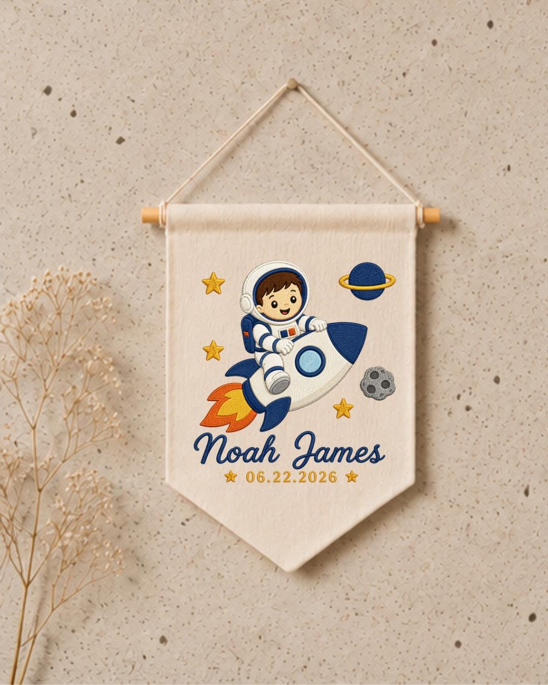 Personalized Astronaut Wall Hanging, Custom Name and Date Embroidered Rocket Banner, Space Nursery Decor, Baby Boy Room Gift