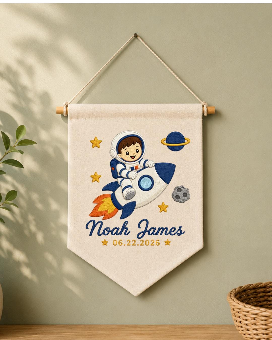 Personalized Astronaut Wall Hanging, Custom Name and Date Embroidered Rocket Banner, Space Nursery Decor, Baby Boy Room Gift