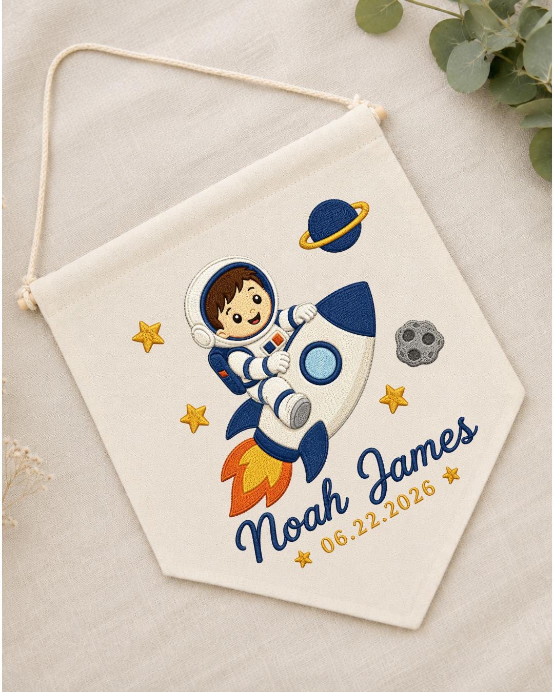 Personalized Astronaut Wall Hanging, Custom Name and Date Embroidered Rocket Banner, Space Nursery Decor, Baby Boy Room Gift