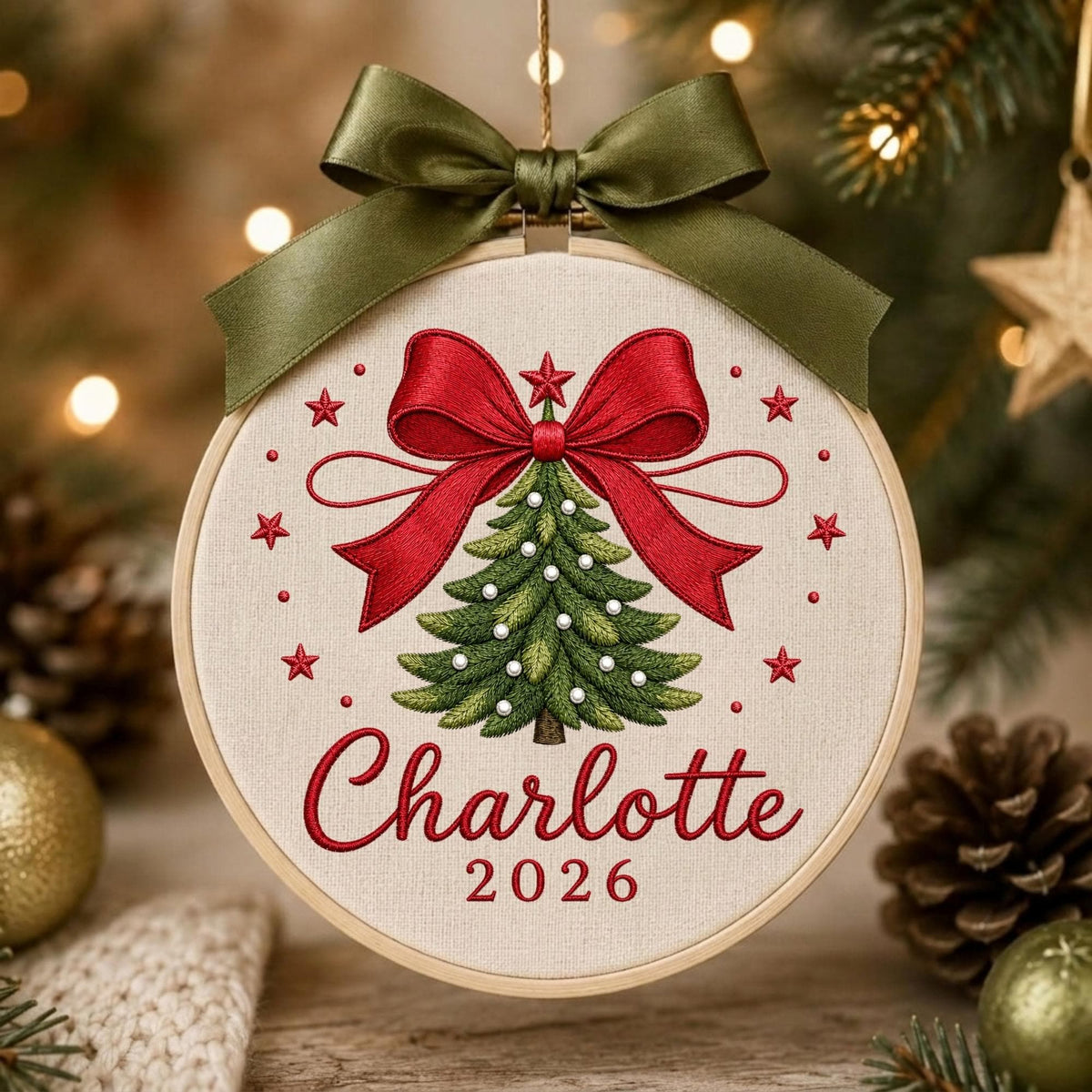 May include: A round wooden embroidery hoop ornament featuring a cream-colored fabric background. The design includes an embroidered green Christmas tree with white accents, a large red bow, red stars, and the text Charlotte 2026 in red.