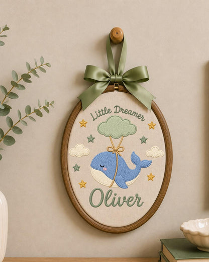 Personalized Whale Embroidered Ornament, Custom Baby Name Hoop, Little Dreamer Nursery Decor, Baby Boy Gift, Newborn Keepsake
