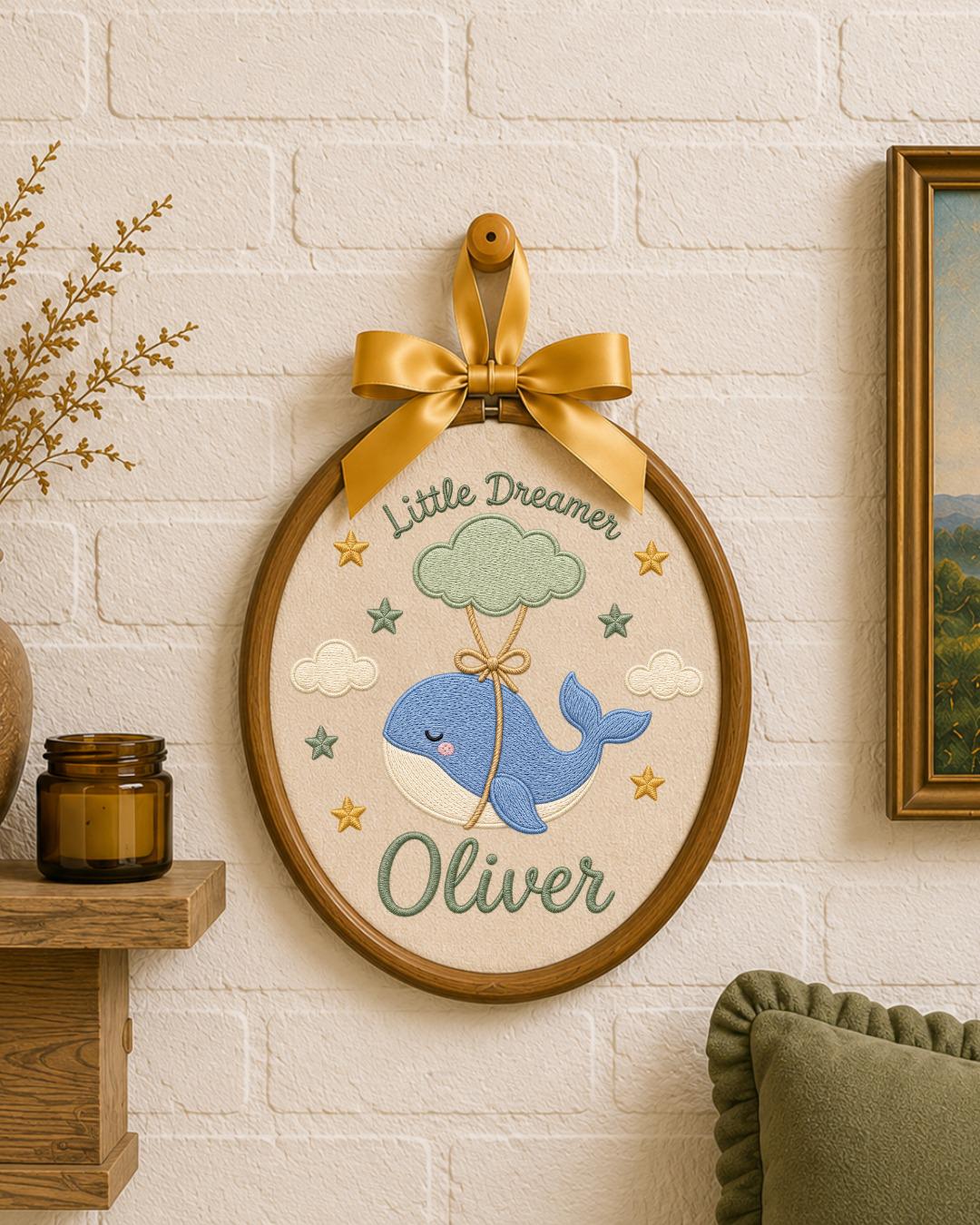 Personalized Whale Embroidered Ornament, Custom Baby Name Hoop, Little Dreamer Nursery Decor, Baby Boy Gift, Newborn Keepsake