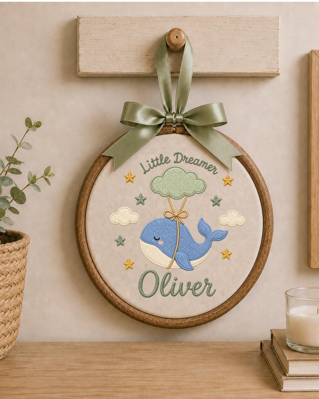 Personalized Whale Embroidered Ornament, Custom Baby Name Hoop, Little Dreamer Nursery Decor, Baby Boy Gift, Newborn Keepsake