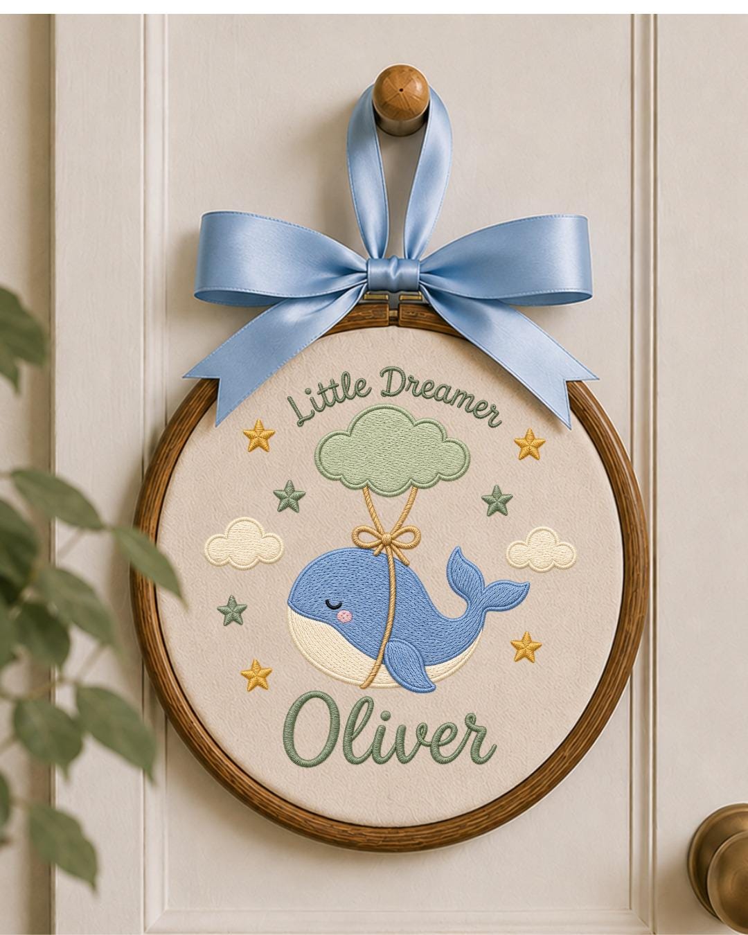 Personalized Whale Embroidered Ornament, Custom Baby Name Hoop, Little Dreamer Nursery Decor, Baby Boy Gift, Newborn Keepsake