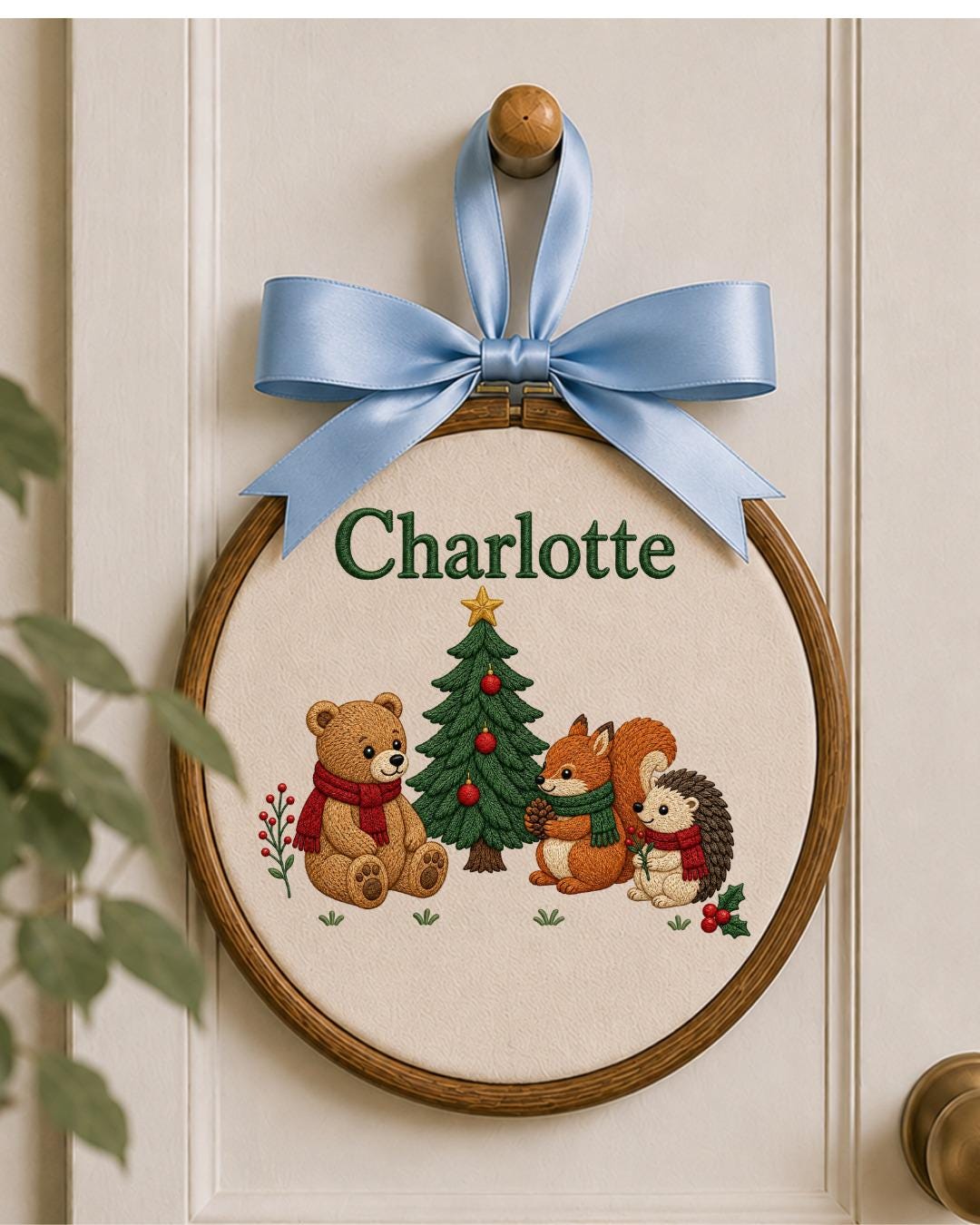 Personalized Embroidered Ornament, Custom Baby Name Christmas Hoop, Woodland Animal Nursery Decor, Bear Fox Hedgehog Christmas Gift