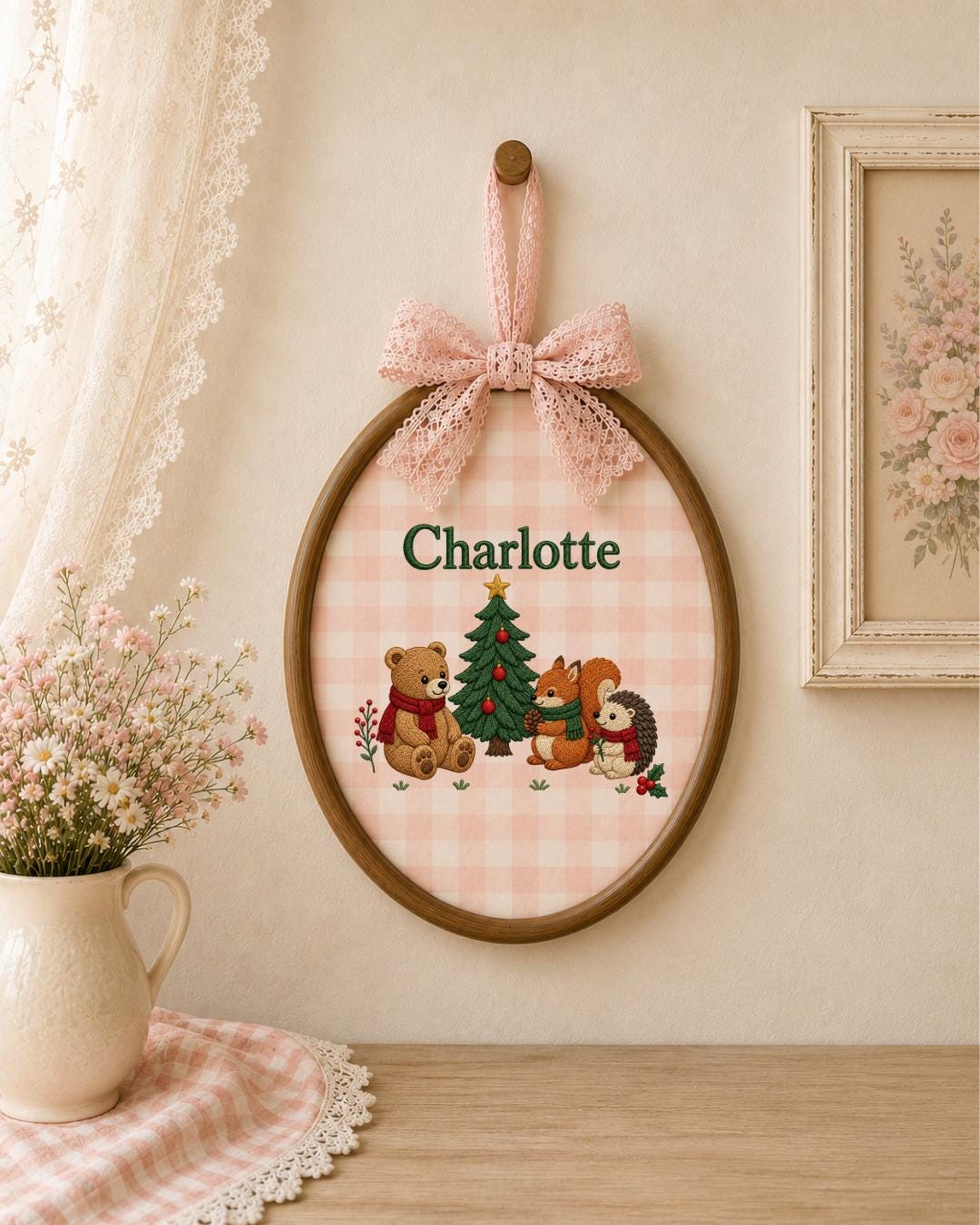 Personalized Embroidered Ornament, Custom Baby Name Christmas Hoop, Woodland Animal Nursery Decor, Bear Fox Hedgehog Christmas Gift