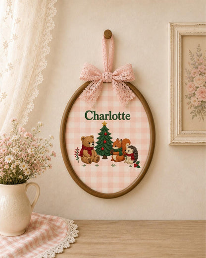 Personalized Embroidered Ornament, Custom Baby Name Christmas Hoop, Woodland Animal Nursery Decor, Bear Fox Hedgehog Christmas Gift