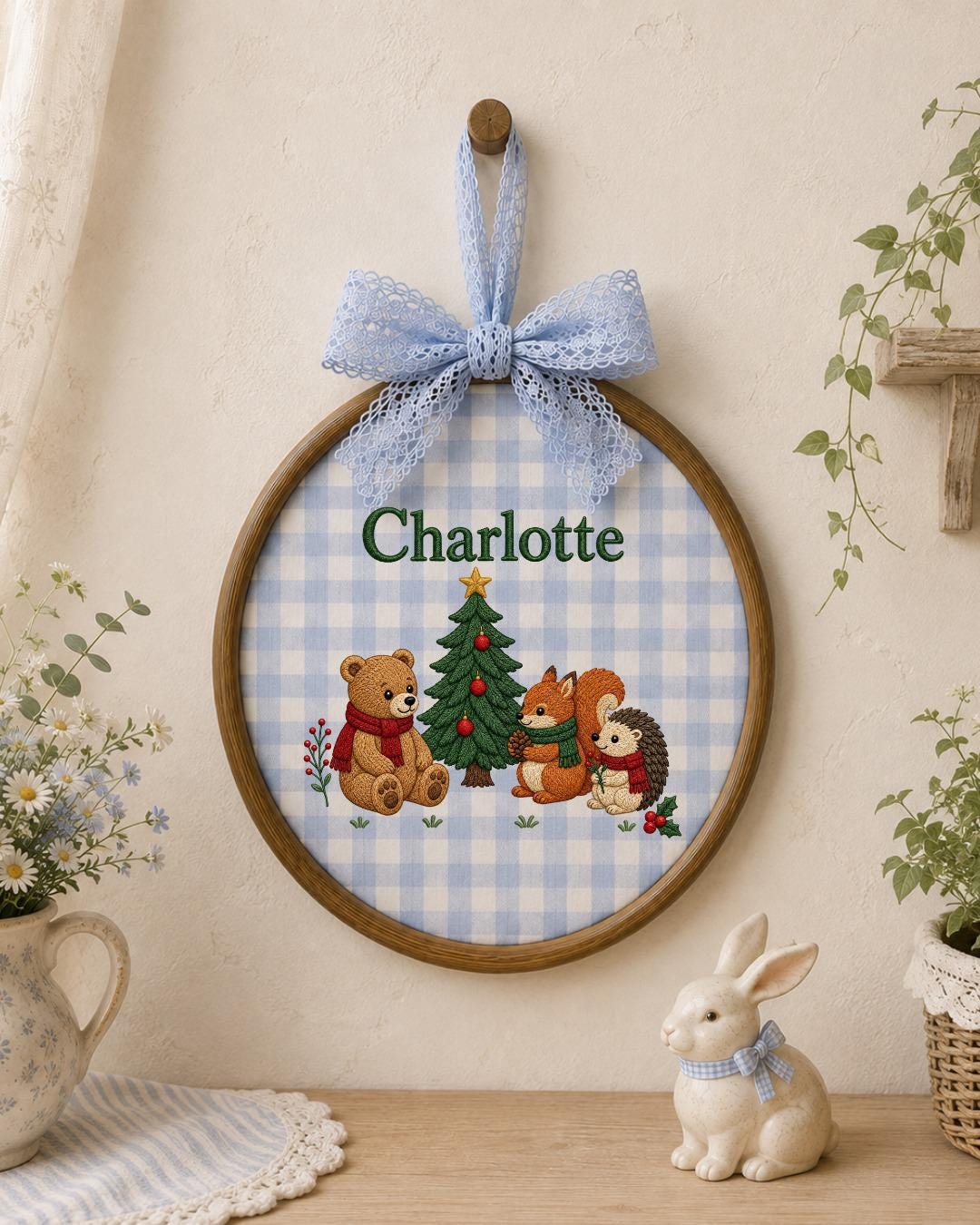 Personalized Embroidered Ornament, Custom Baby Name Christmas Hoop, Woodland Animal Nursery Decor, Bear Fox Hedgehog Christmas Gift