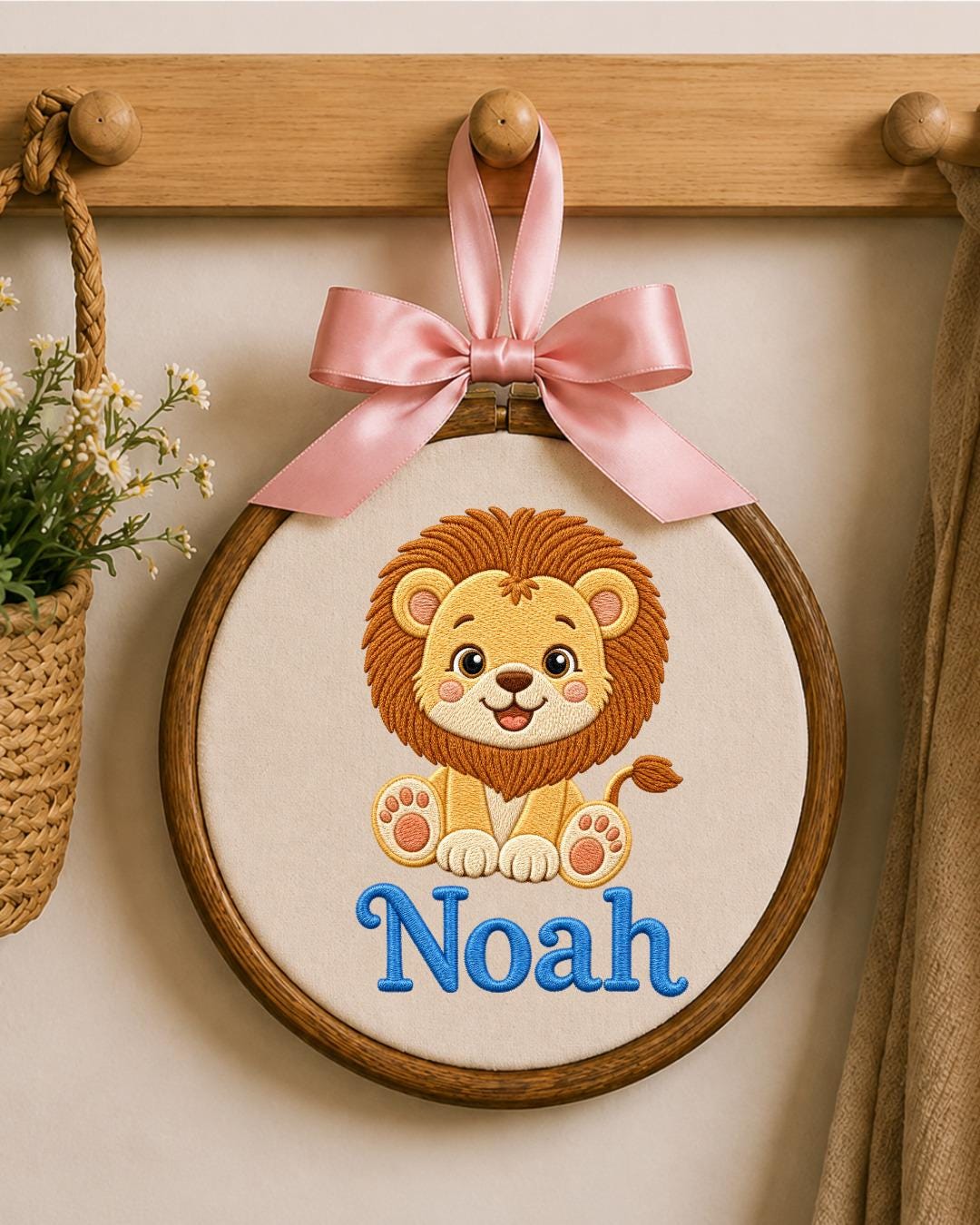 Personalized Lion Embroidered Ornament, Custom Baby Name Hoop, Safari Nursery Decor, Baby Boy Gift, Newborn Keepsake