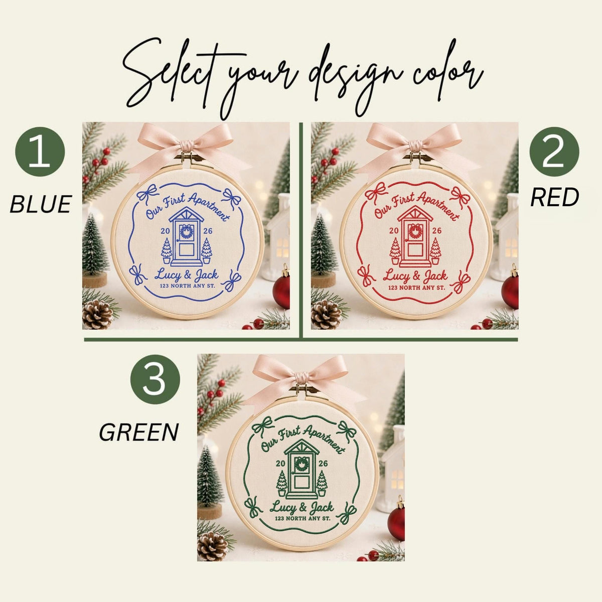 May include: Three circular embroidery hoops featuring a house door design with the text 'Our First Apartment', '2026', 'Lucy &amp; Jack', and '123 North Any St.' The designs are available in blue, red, or green, each topped with a light pink ribbon bow.