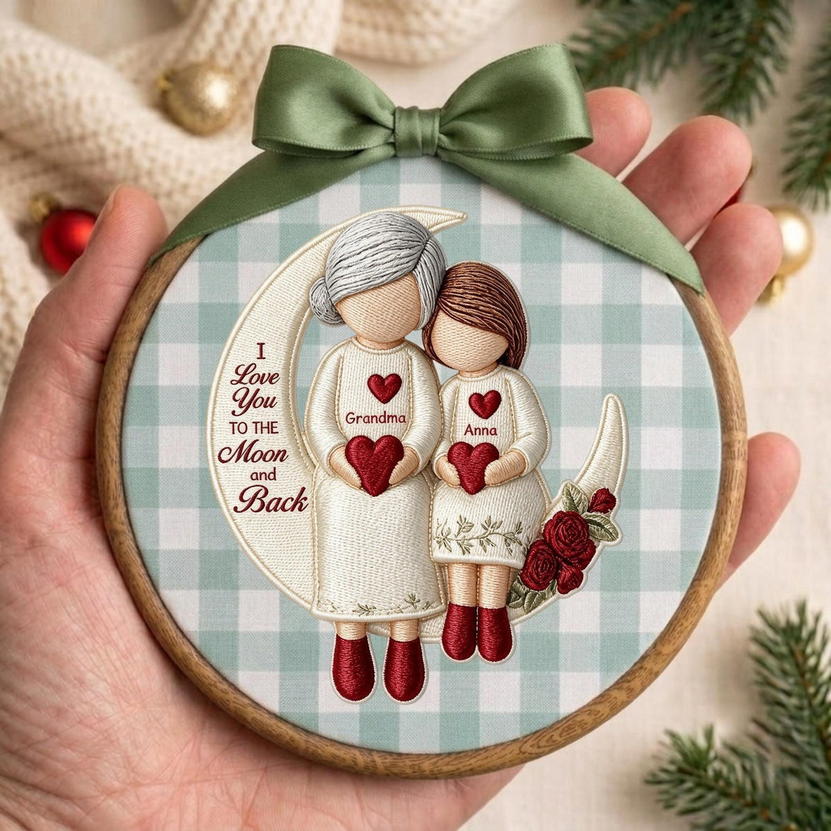 EMBROIDERED Grandma and Grandchild Moon Love Ornament Hoop, Personalized Christmas Ornament 2026, Embroidery Ornaments, Grandma Gifts