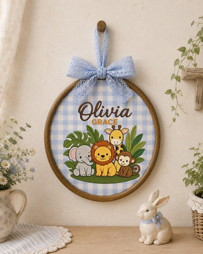 Personalized Safari Embroidered Ornament, Custom Baby Name Hoop, Jungle Animal Nursery Decor, Baby Girl Gift, Newborn Keepsake