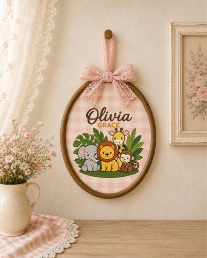 Personalized Safari Embroidered Ornament, Custom Baby Name Hoop, Jungle Animal Nursery Decor, Baby Girl Gift, Newborn Keepsake