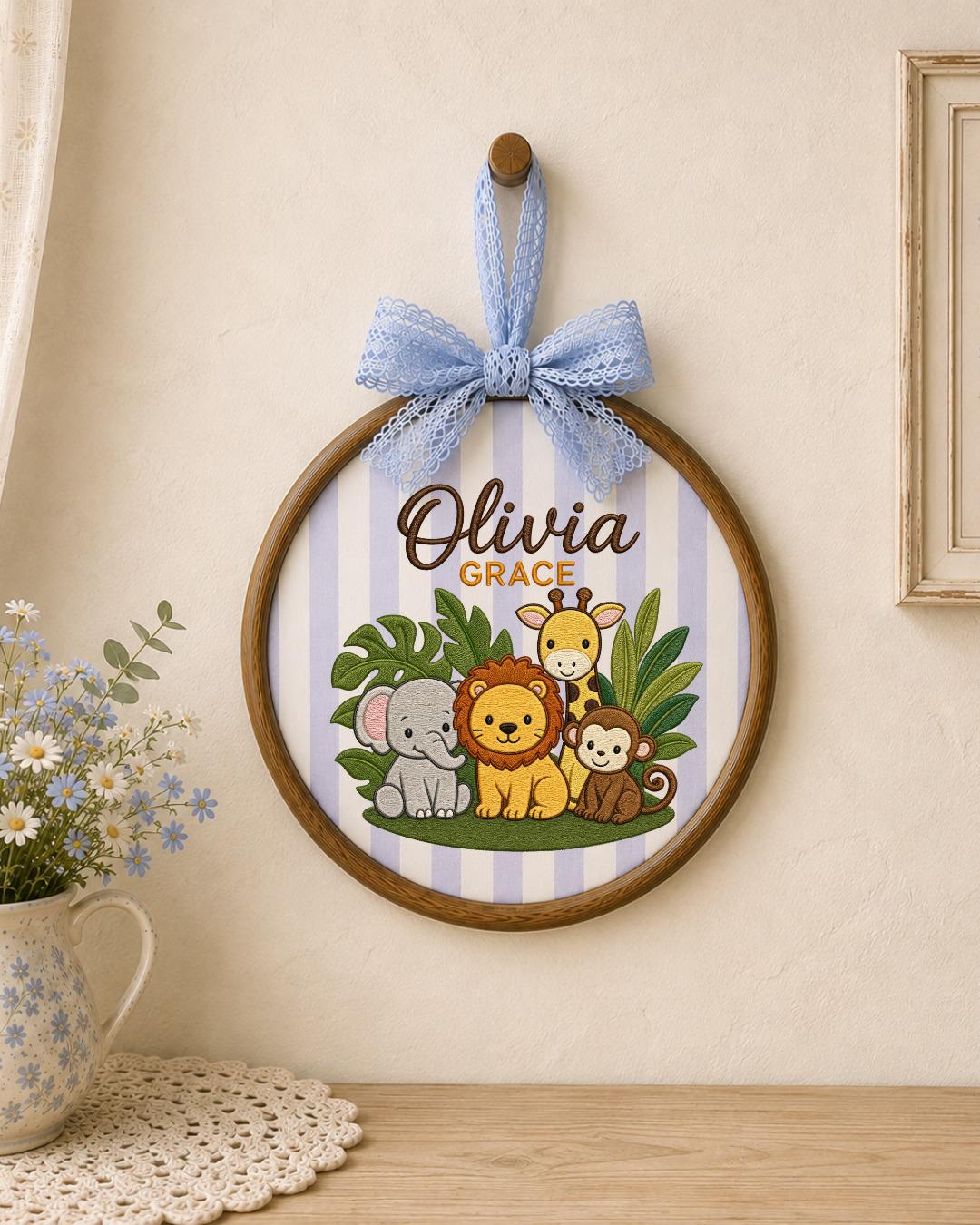 Personalized Safari Embroidered Ornament, Custom Baby Name Hoop, Jungle Animal Nursery Decor, Baby Girl Gift, Newborn Keepsake