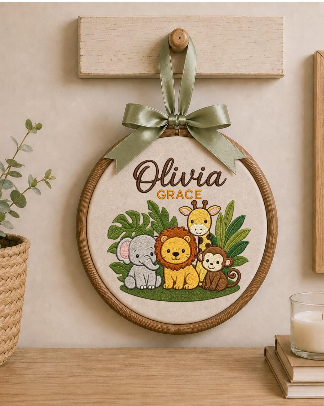 Personalized Safari Embroidered Ornament, Custom Baby Name Hoop, Jungle Animal Nursery Decor, Baby Girl Gift, Newborn Keepsake