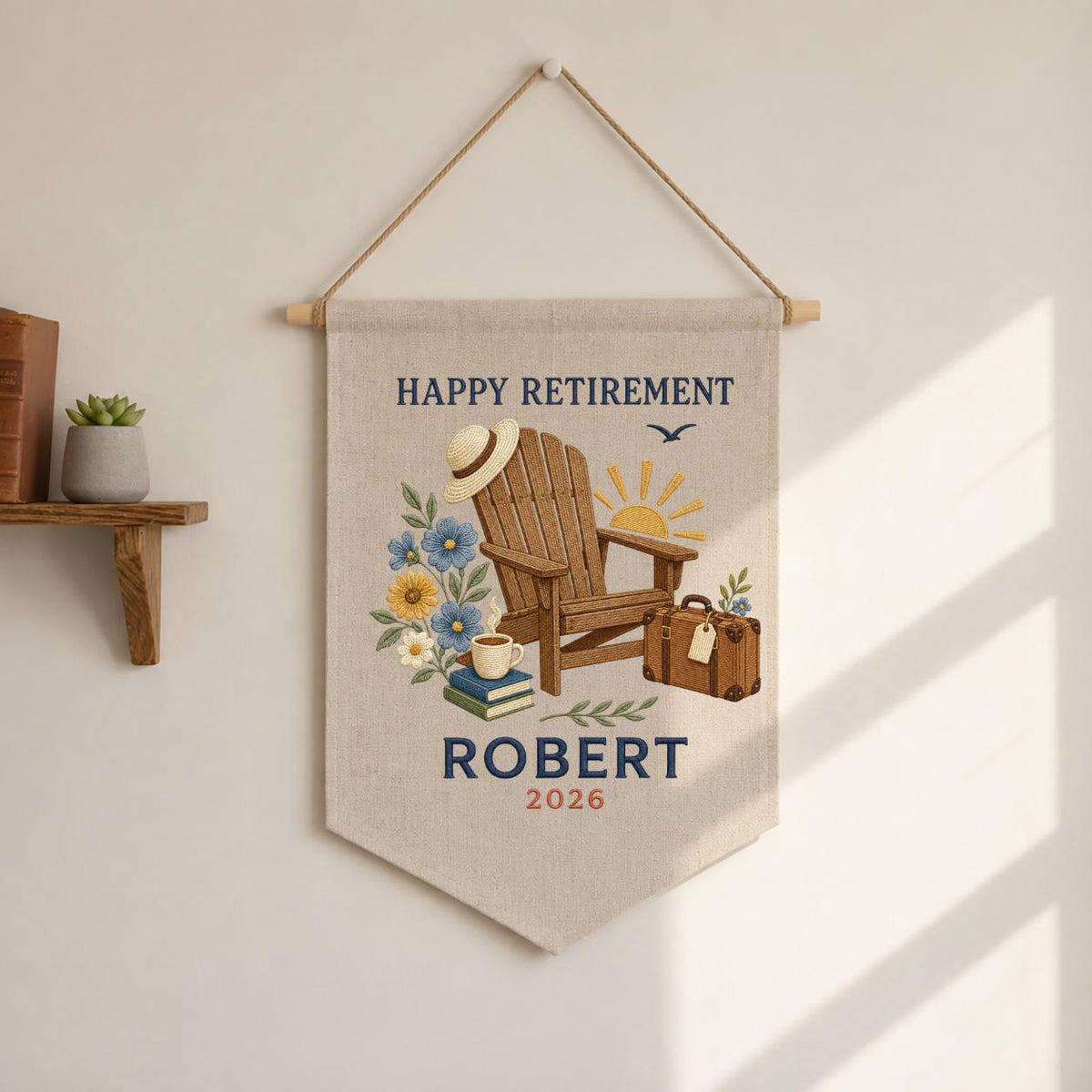 Personalized Happy Retirement Adirondack Chair Canvas Pennant Banner, Custom Name Year Embroidered Travel Vacation Wall Hanging Sign