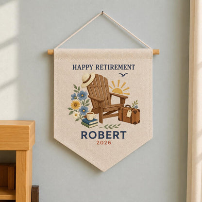 Personalized Happy Retirement Adirondack Chair Canvas Pennant Banner, Custom Name Year Embroidered Travel Vacation Wall Hanging Sign