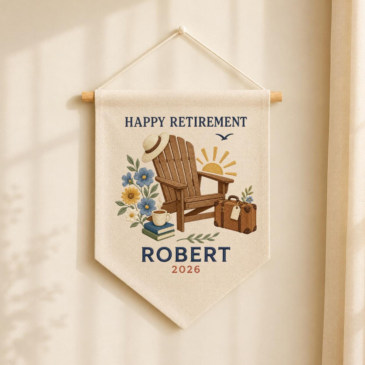 Personalized Happy Retirement Adirondack Chair Canvas Pennant Banner, Custom Name Year Embroidered Travel Vacation Wall Hanging Sign