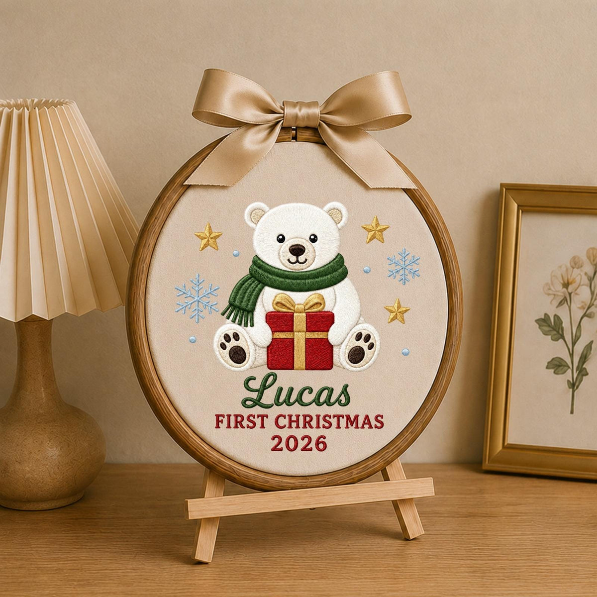 Personalized Embroidered Ornament, Baby First Christmas Polar Bear Hoop, Custom Name Christmas Decor, Newborn Holiday Keepsake Gift