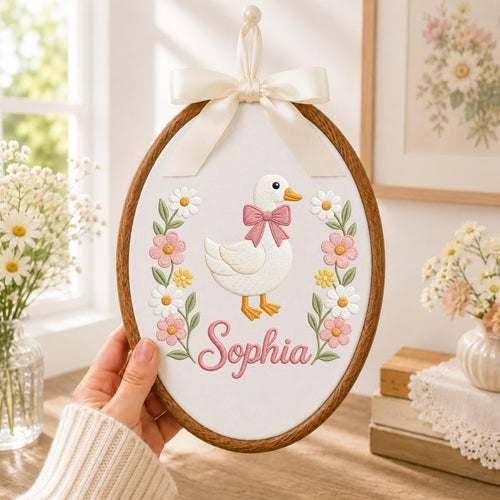 Personalized Embroidered Ornament, Floral Goose Name Hoop, Baby Girl Nursery Decor, Custom Duck Baby Shower Gift, Newborn Keepsake