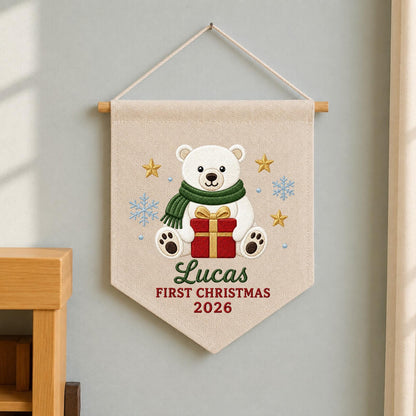 Personalized Embroidered First Christmas Wall Hanging Banner, Custom Baby Name Sign, Polar Bear Nursery Decor, Baby Christmas Gift 2026