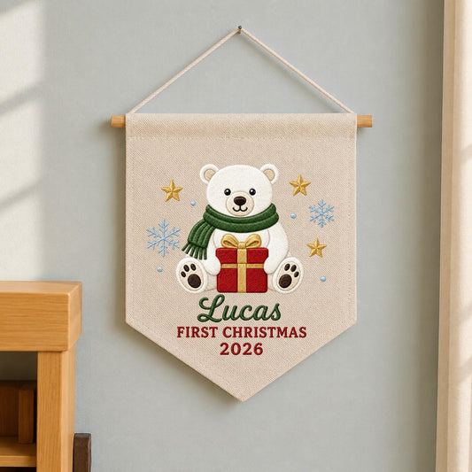 Personalized Embroidered First Christmas Wall Hanging Banner, Custom Baby Name Sign, Polar Bear Nursery Decor, Baby Christmas Gift 2026