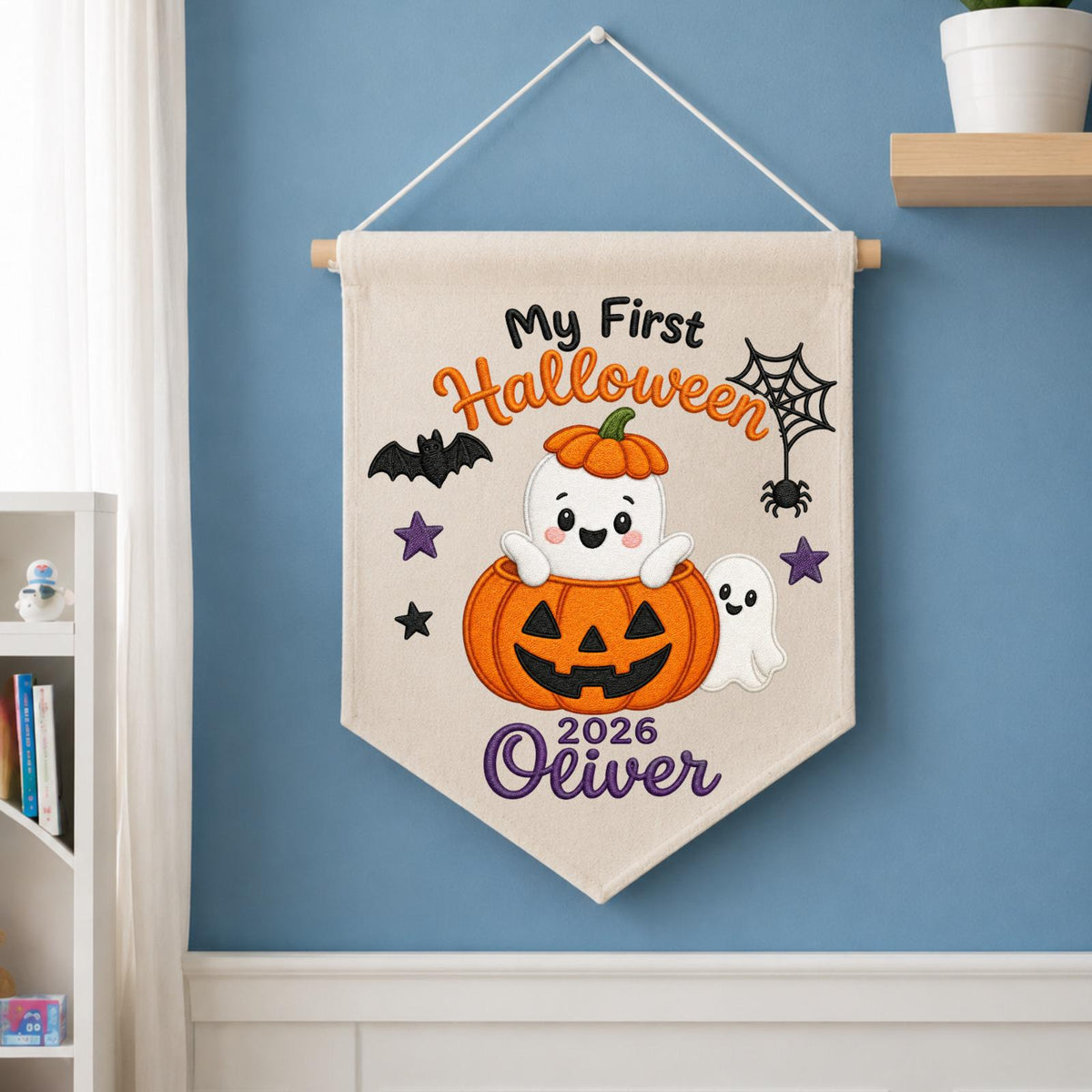 Personalized Embroidered First Halloween Wall Hanging Banner, Custom Baby Name Sign, Pumpkin Ghost Nursery Decor, Baby Halloween Gift 2026