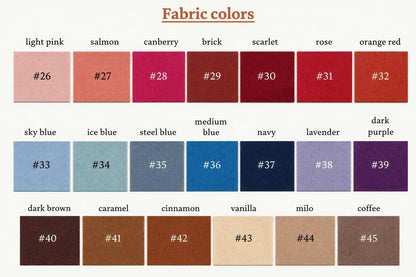 May include: A color chart titled Fabric colors displaying twenty swatches arranged in three rows. Each square features a unique color name and a corresponding number from 26 to 45, including shades of pink, red, blue, purple, brown, and tan.
