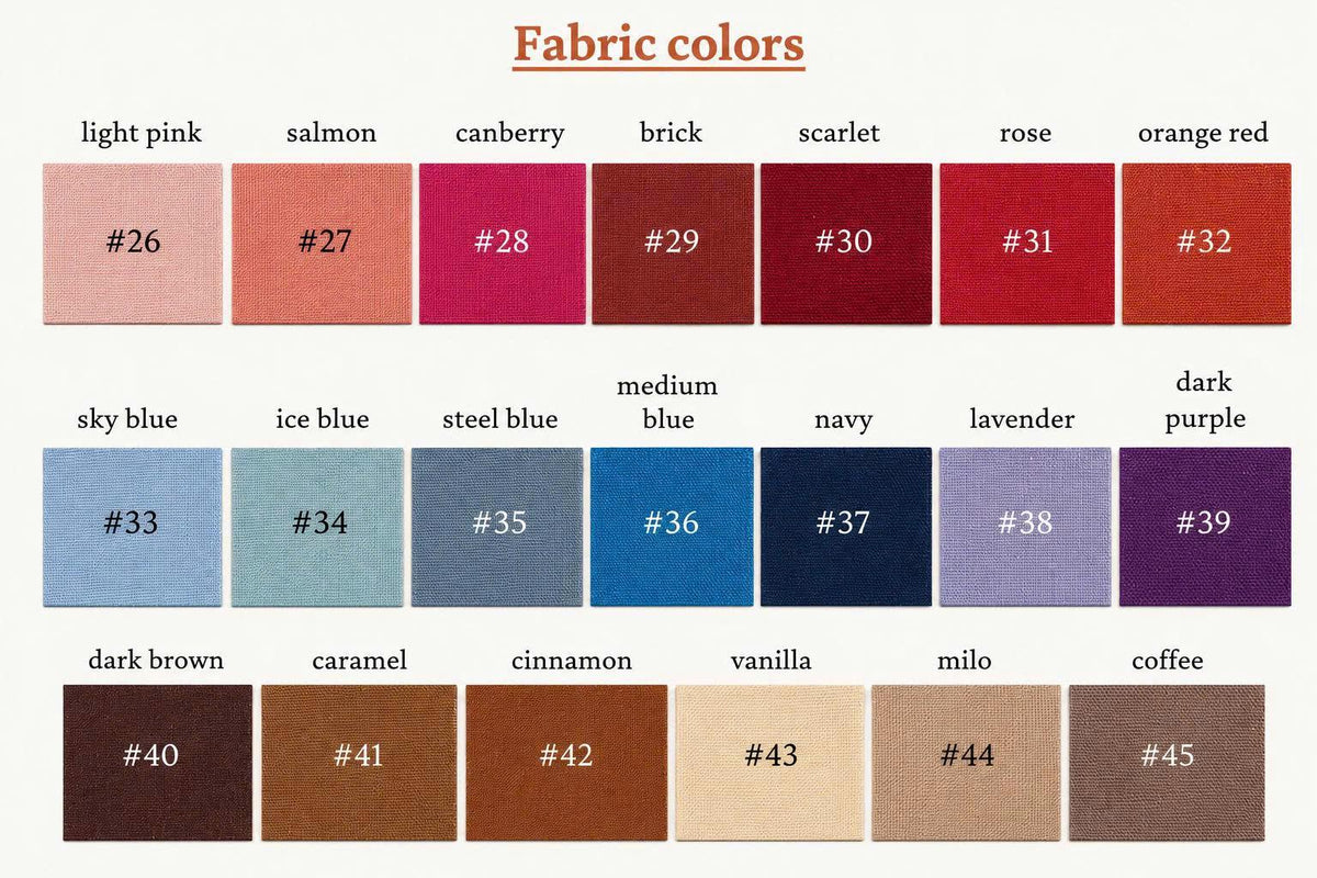 May include: A color chart titled Fabric colors displaying twenty swatches arranged in three rows. Each square features a unique color name and a corresponding number from 26 to 45, including shades of pink, red, blue, purple, brown, and tan.