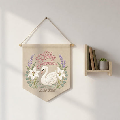 Personalized Embroidered Swan Wall Hanging Banner, Custom Baby Name Sign, Floral Nursery Decor, Birth Date Keepsake, Baby Girl Gift