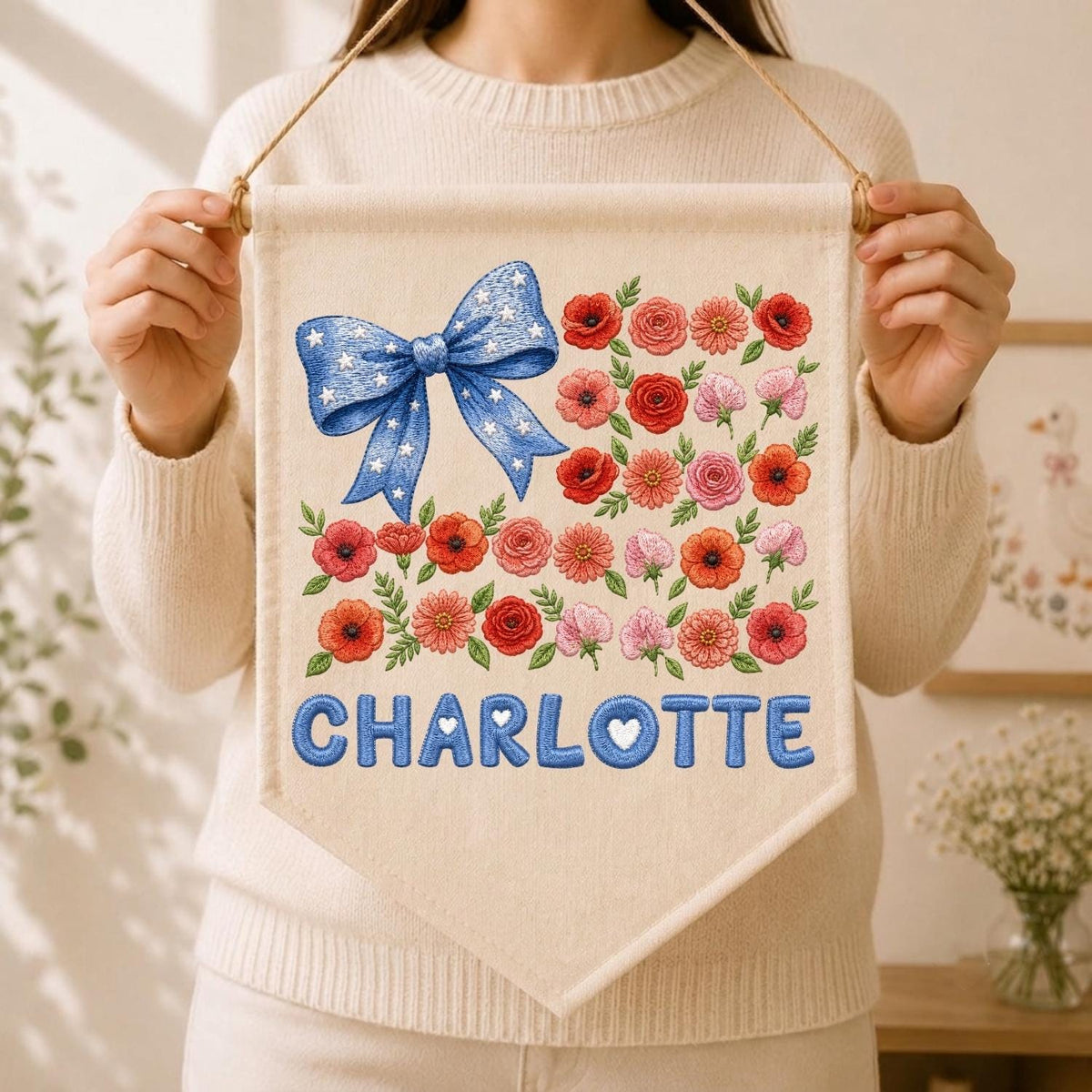 May include: A cream-colored fabric wall banner featuring a large blue bow with white stars, a collection of red and pink floral illustrations, and the name CHARLOTTE printed in blue block letters with a small white heart inside the letter O.