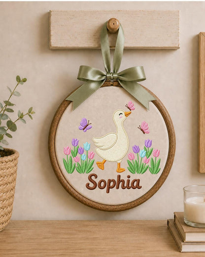 Personalized Embroidered Goose Ornament, Custom Baby Name Hoop, Tulip Butterfly Nursery Decor, Spring Baby Girl Gift, Newborn Keepsake