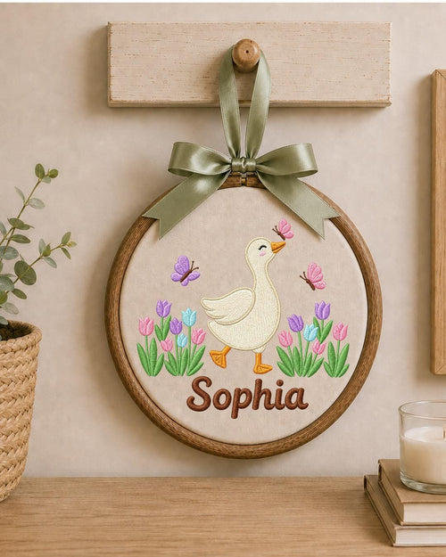 Personalized Embroidered Goose Ornament, Custom Baby Name Hoop, Tulip Butterfly Nursery Decor, Spring Baby Girl Gift, Newborn Keepsake