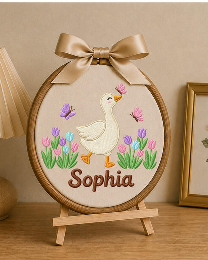 Personalized Embroidered Goose Ornament, Custom Baby Name Hoop, Tulip Butterfly Nursery Decor, Spring Baby Girl Gift, Newborn Keepsake