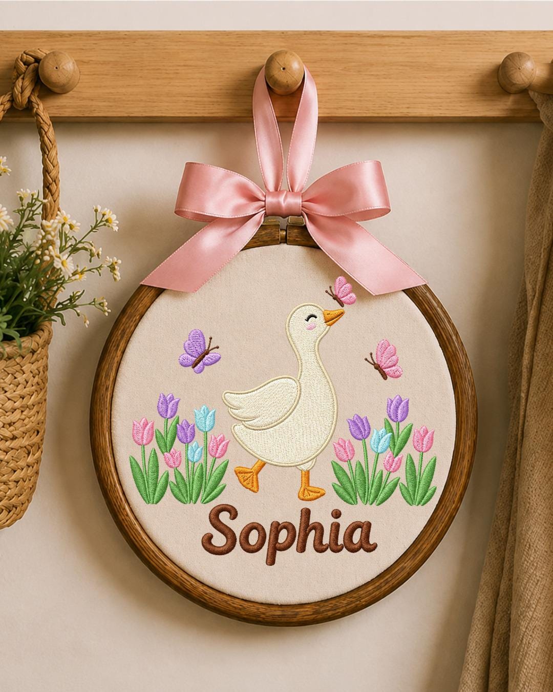 Personalized Embroidered Goose Ornament, Custom Baby Name Hoop, Tulip Butterfly Nursery Decor, Spring Baby Girl Gift, Newborn Keepsake