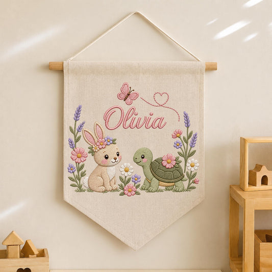 Personalized Embroidered Bunny Turtle Wall Hanging Banner, Custom Baby Name Sign, Floral Nursery Decor, Baby Girl Gift, Cottagecore Room