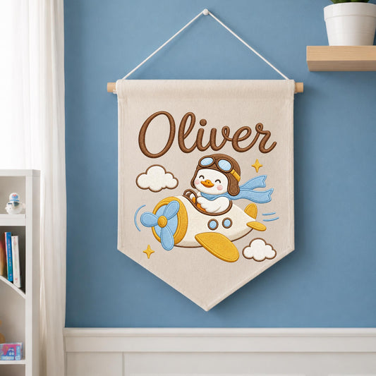 Personalized Embroidered Duck Airplane Wall Hanging Banner, Custom Baby Name Sign, Aviation Nursery Decor, Baby Boy Gift