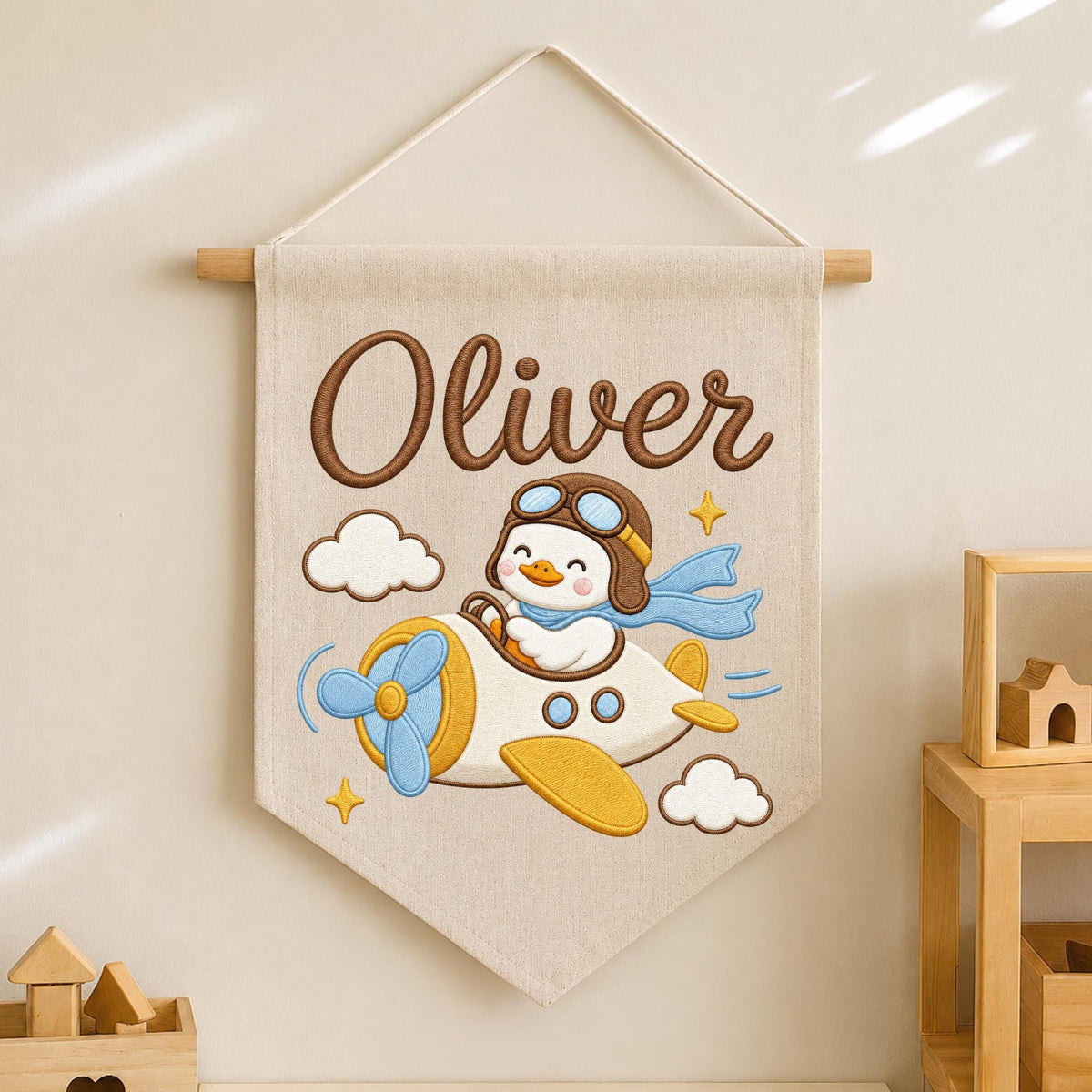 Personalized Embroidered Duck Airplane Wall Hanging Banner, Custom Baby Name Sign, Aviation Nursery Decor, Baby Boy Gift